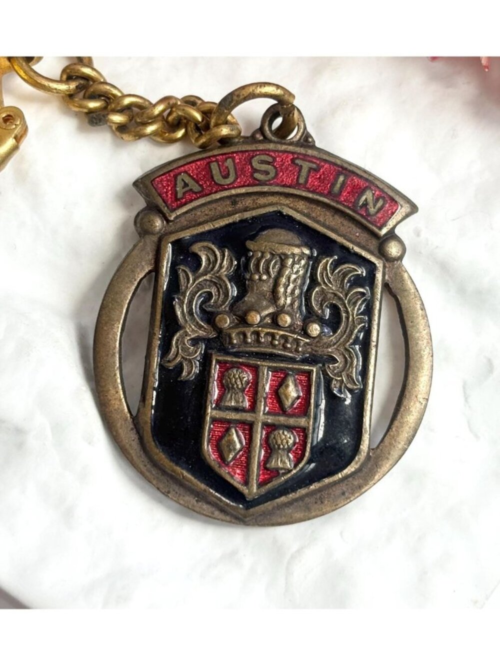 Austin Car Keyring Brass Toned Crest Enameled Vintage Keyring Keychain